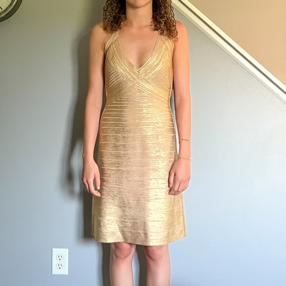 HERVE LEGER GOLD HALTER DRESS